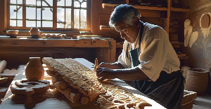 An Indigenous artisan carving a wooden sculpture in a workshop, with tools and sunlight illuminating the scene.