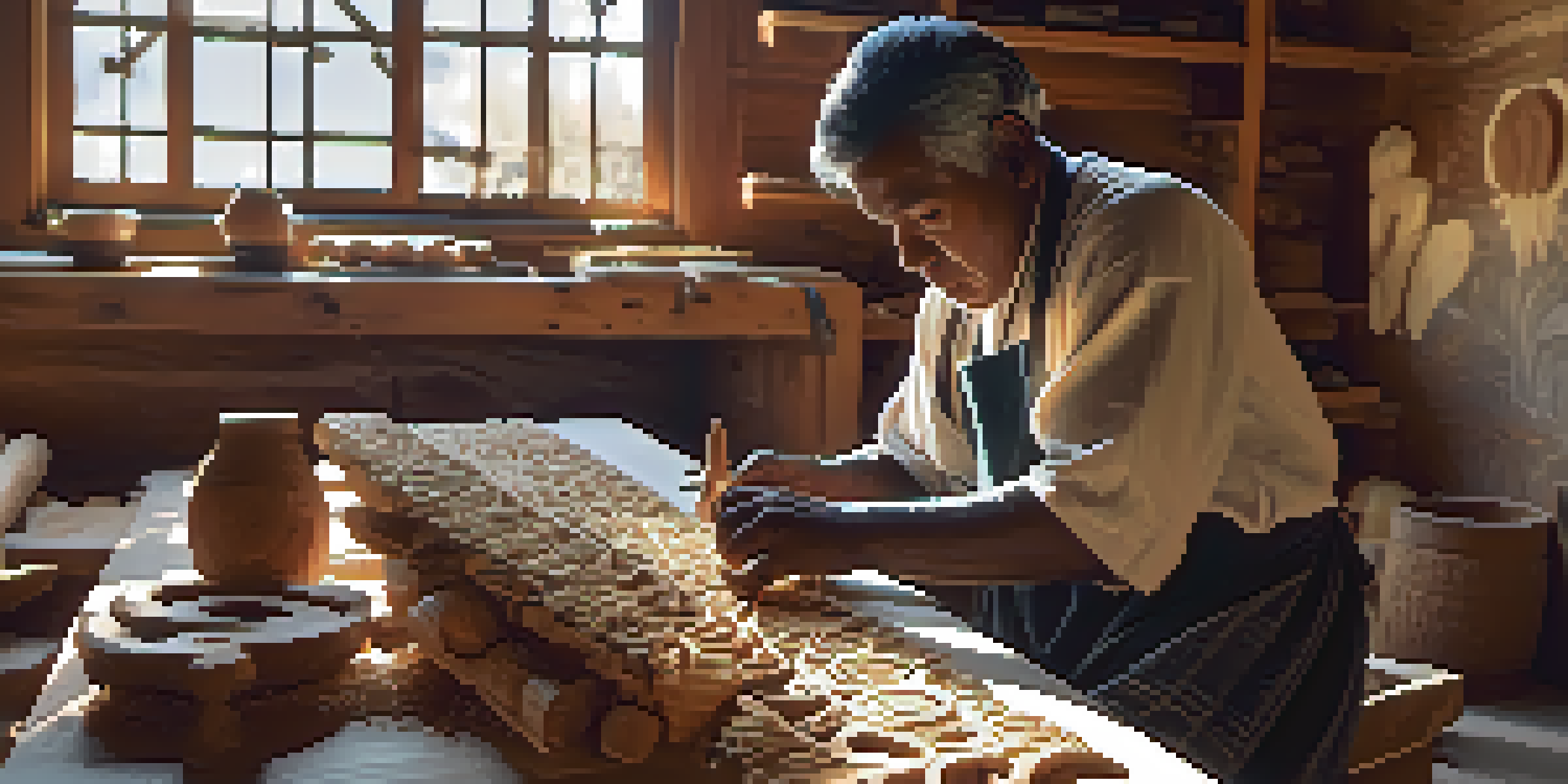 An Indigenous artisan carving a wooden sculpture in a workshop, with tools and sunlight illuminating the scene.