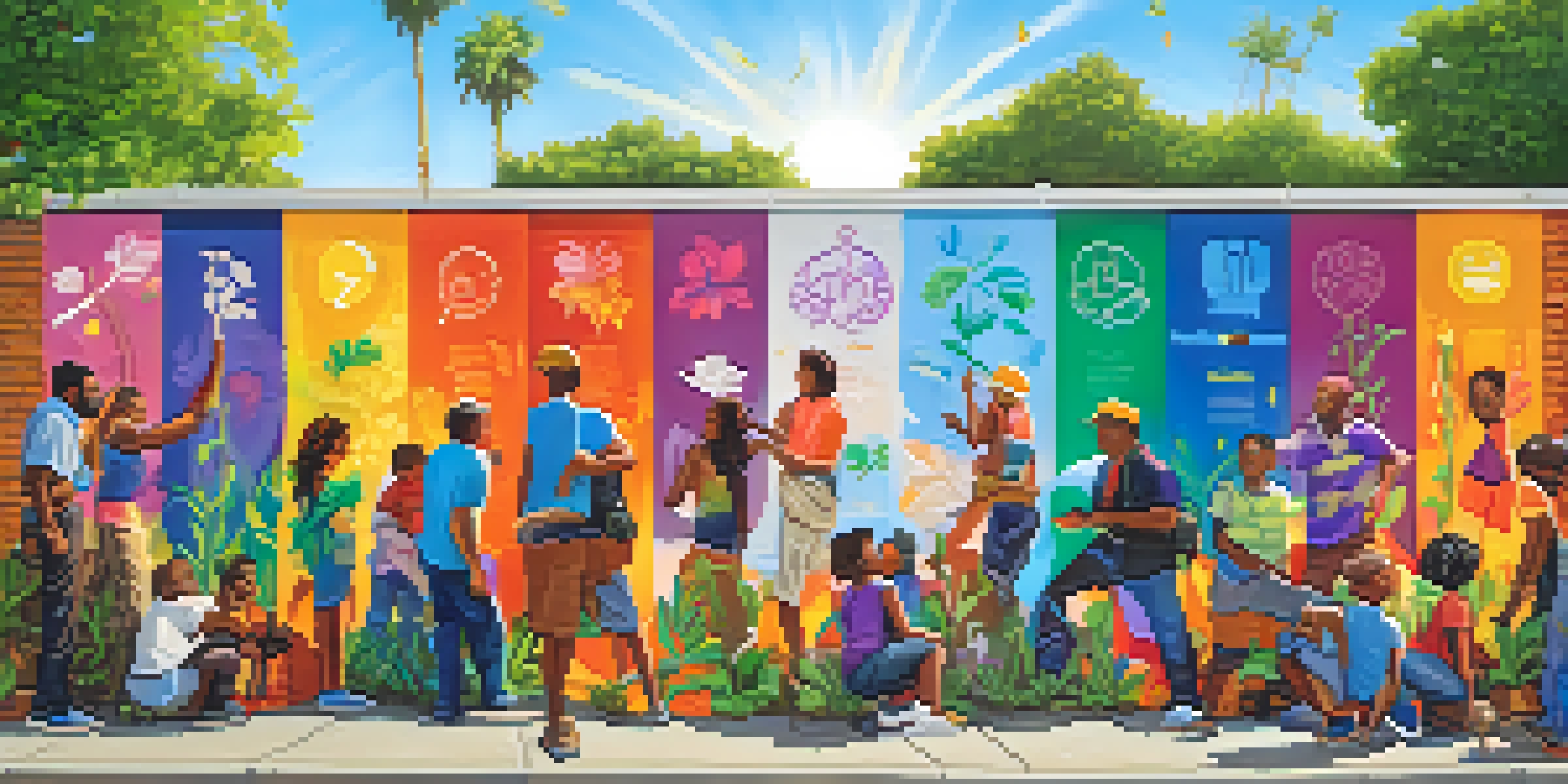 A community mural showing diverse individuals painting a colorful wall with symbols of unity and social justice under warm sunlight.