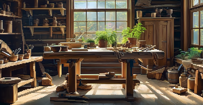 A woodworking studio with a craftsman carving a wooden sculpture, surrounded by tools and plants, with sunlight streaming through the window.