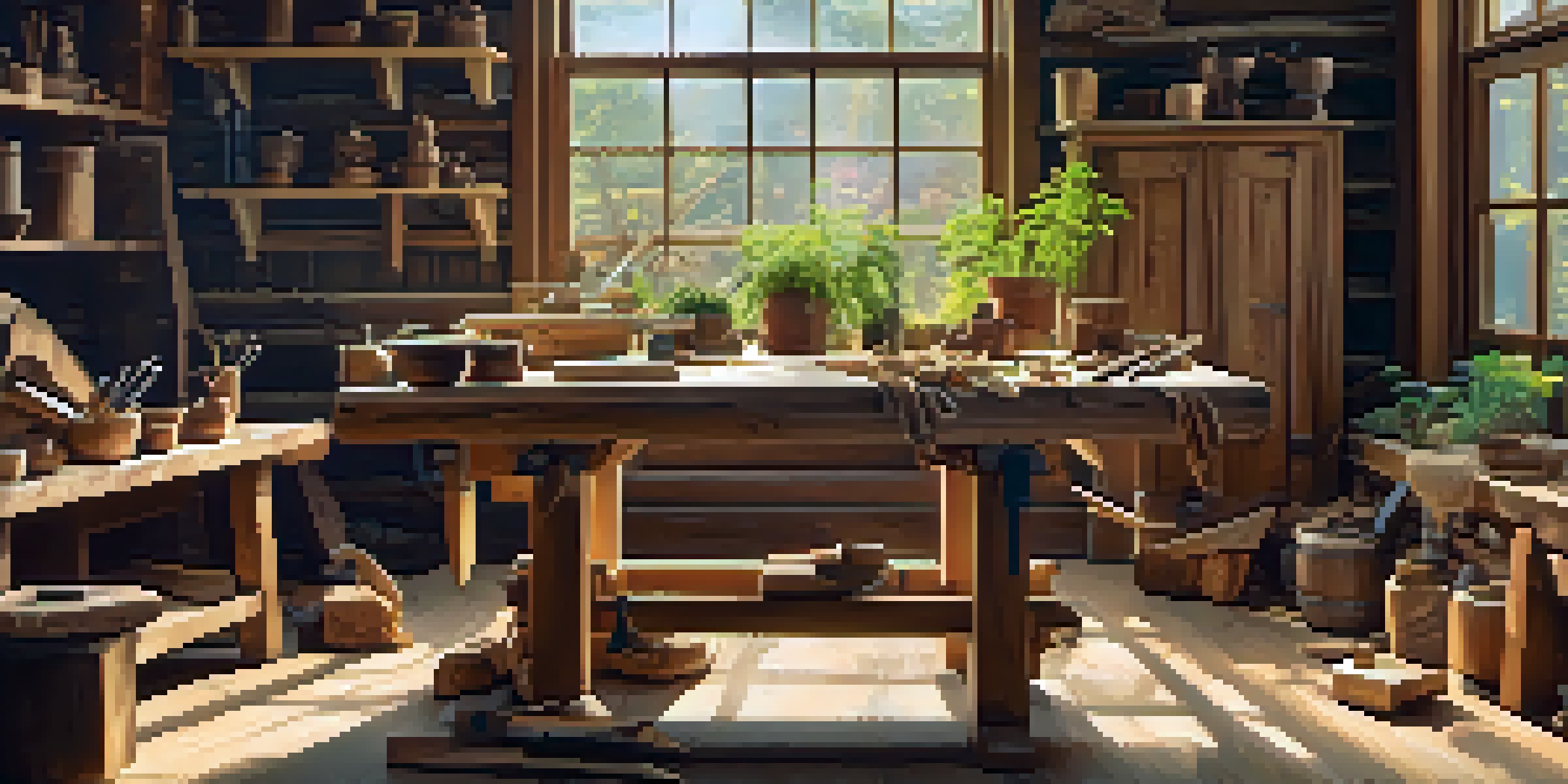 A woodworking studio with a craftsman carving a wooden sculpture, surrounded by tools and plants, with sunlight streaming through the window.
