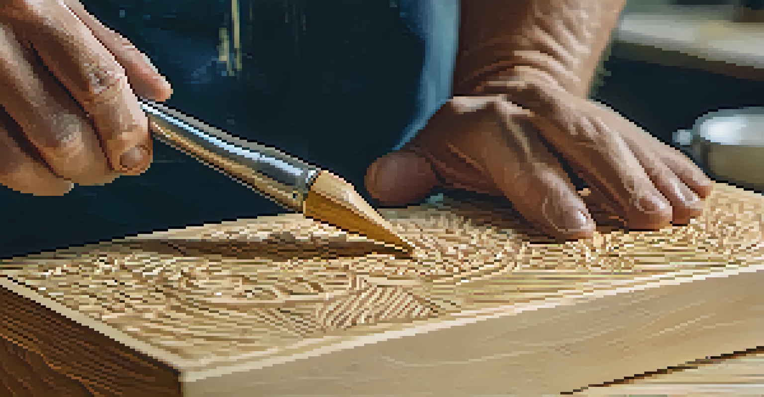 A close-up of a hand carving wood with a chisel, showing wood shavings and the artisan's focus.