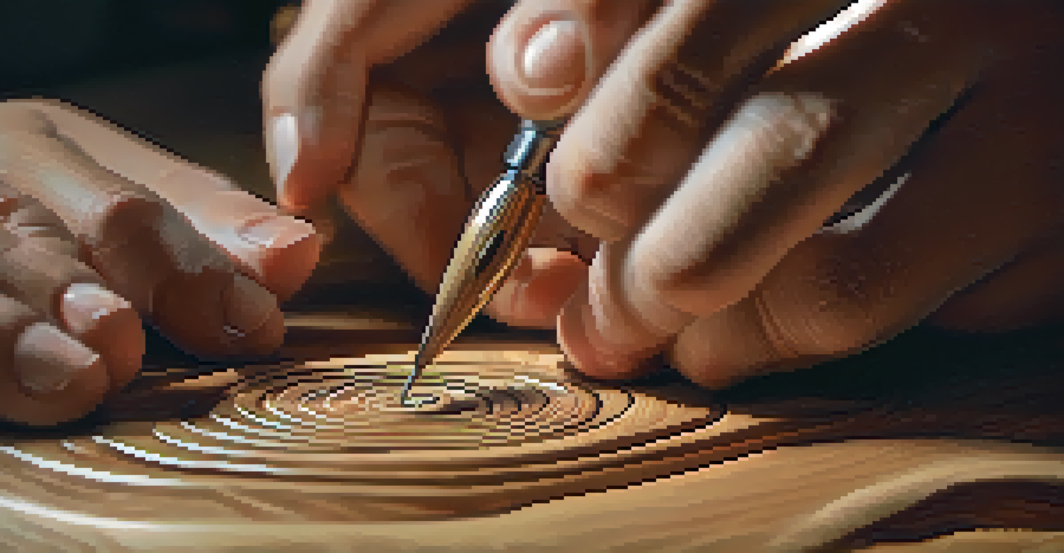 A close-up of hands carving a delicate wooden figure, highlighting the texture of the wood and the carving tool, with a softly blurred background.