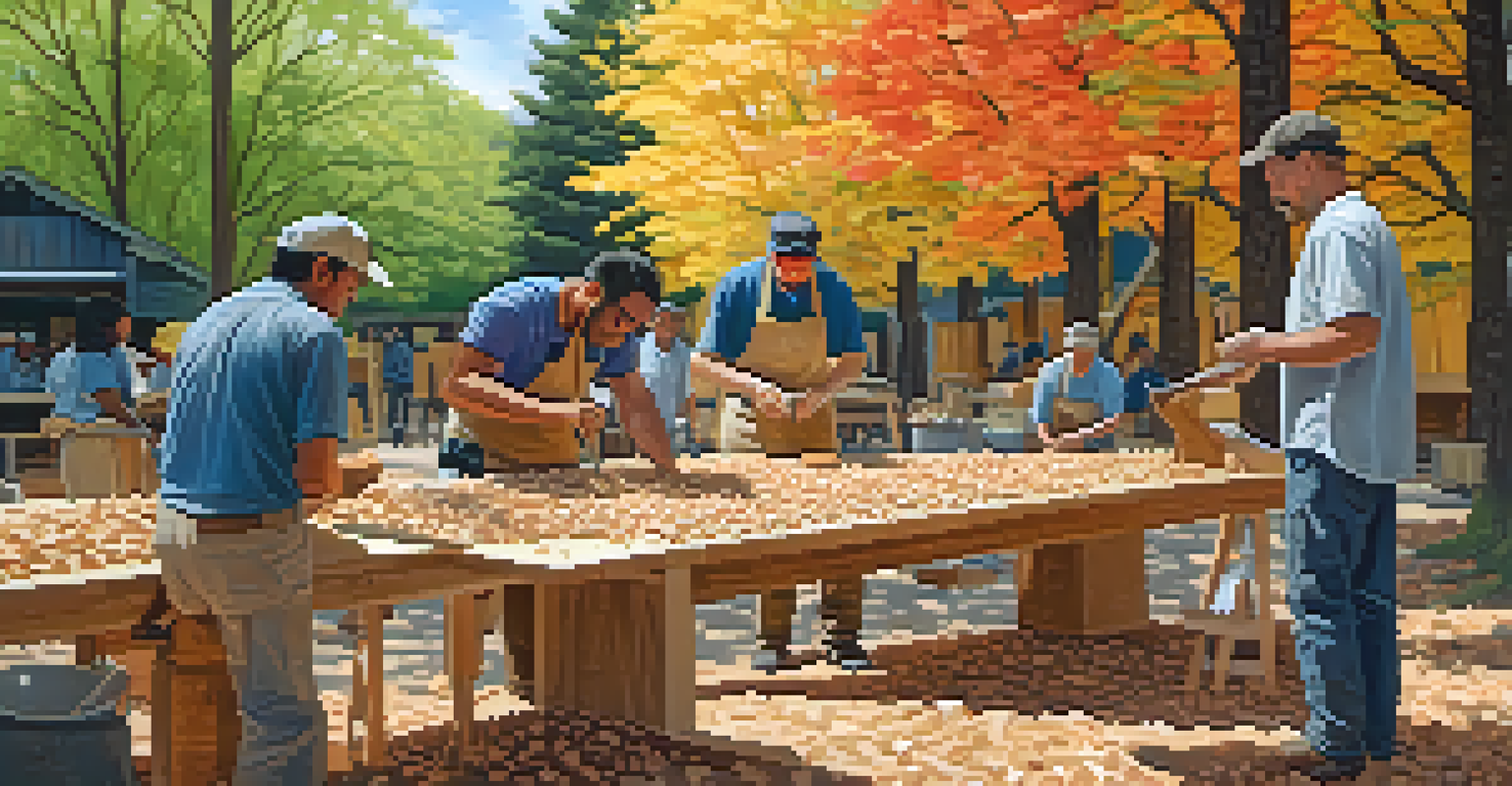 A vibrant outdoor workshop with artists collaborating on wood sculptures amidst colorful wood shavings.