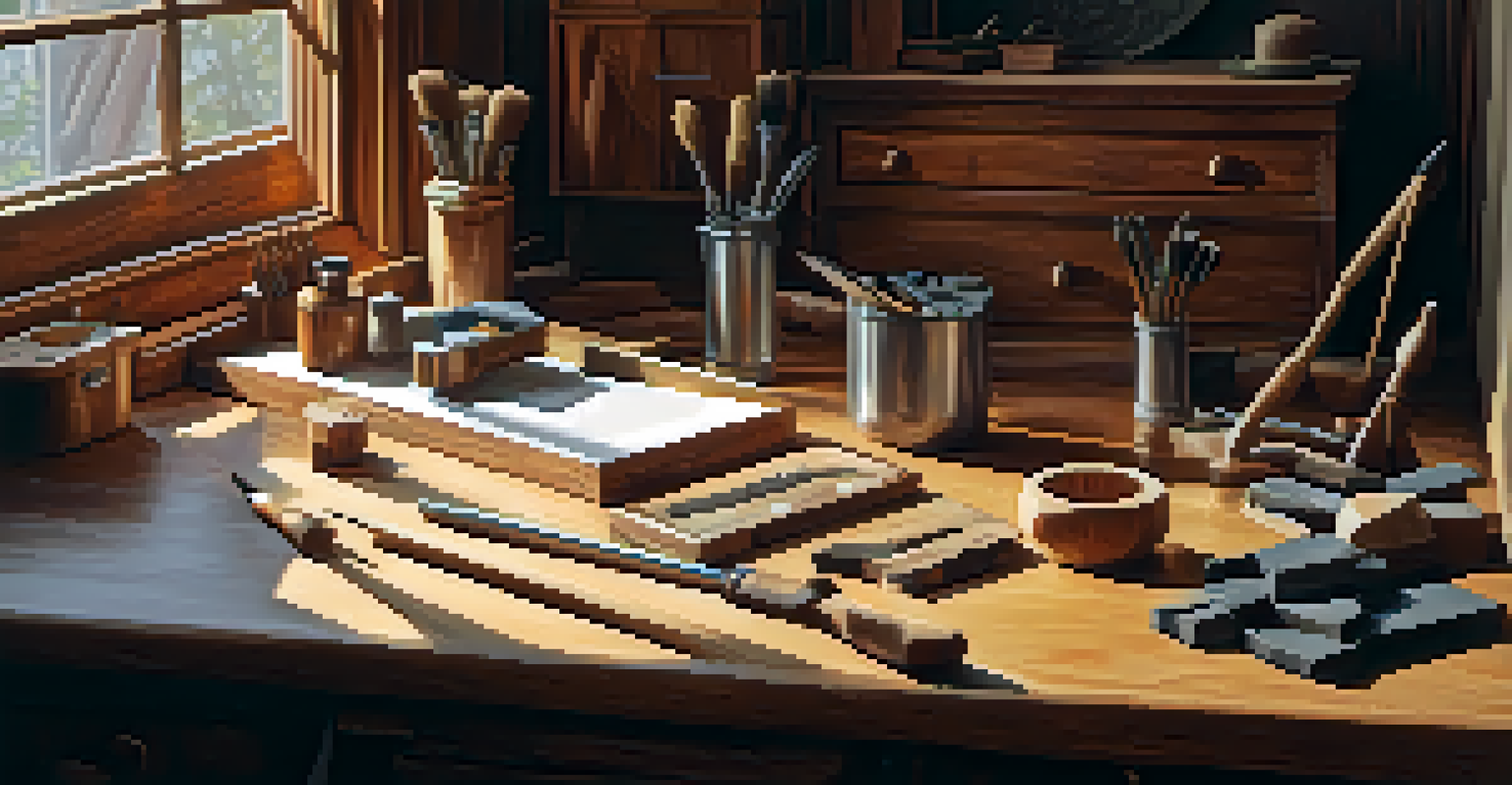 An artist's workspace with carving tools and a partially carved wood piece, illuminated by natural light.
