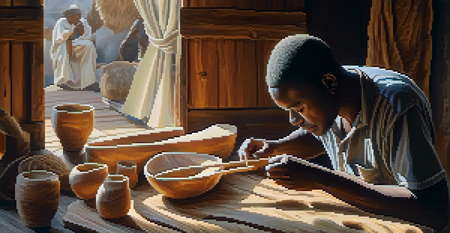 Artisan carving a wooden mask using traditional African techniques, with tools and wood shavings around, illuminated by natural light.