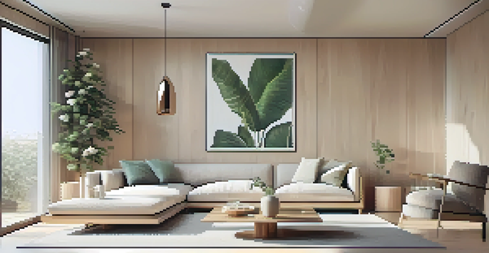 A minimalist living room with a carved wooden coffee table, soft natural light, and green plants.