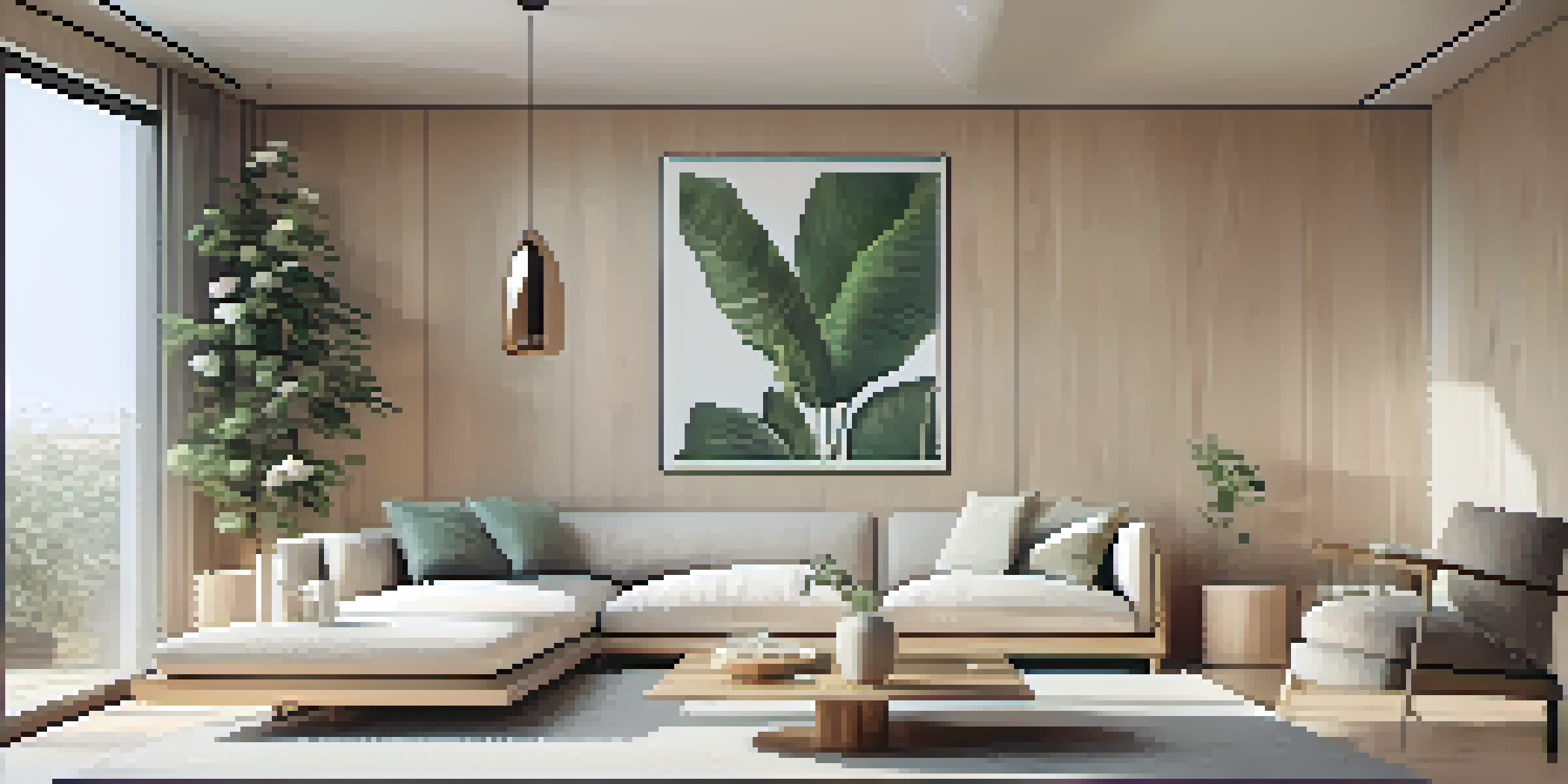 A minimalist living room with a carved wooden coffee table, soft natural light, and green plants.