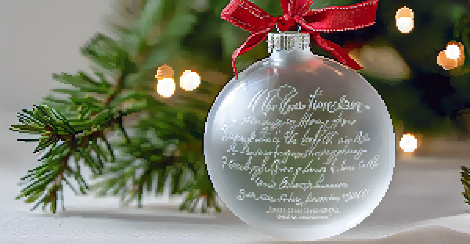 A personalized engraved glass ornament hanging from a ribbon, displayed on a white cloth with evergreen sprigs in the background.