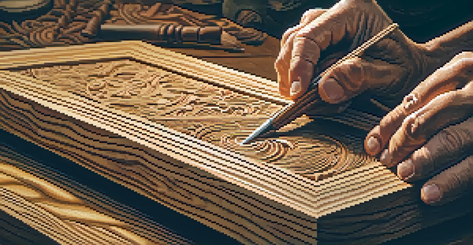 An artisan's hands carving intricate patterns into wood with chisels, illuminated by warm natural light.