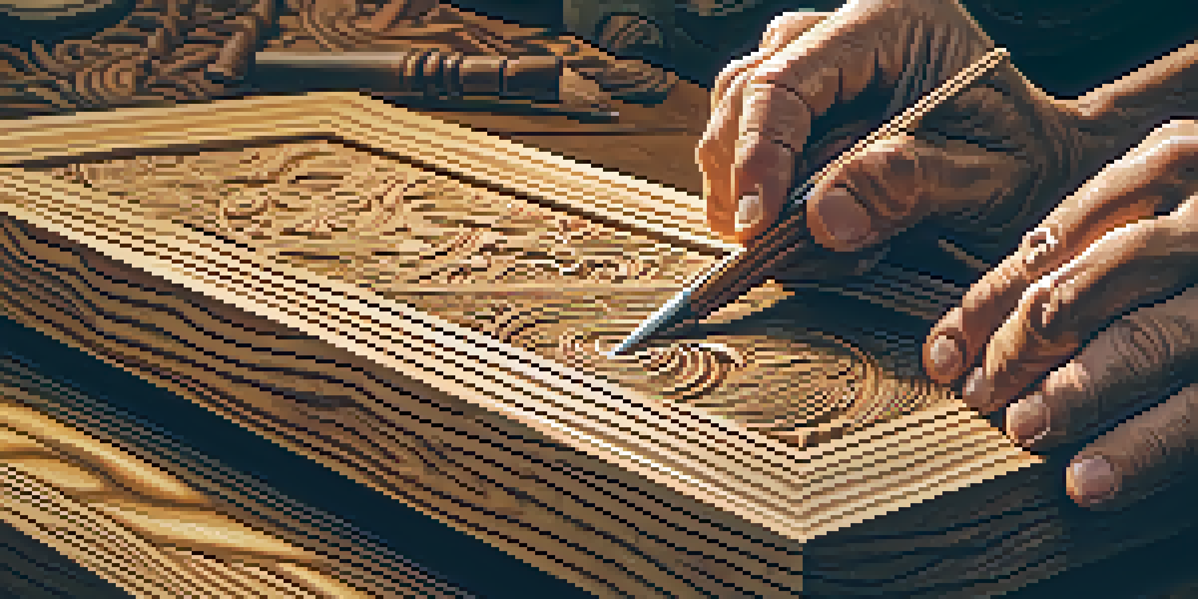 An artisan's hands carving intricate patterns into wood with chisels, illuminated by warm natural light.