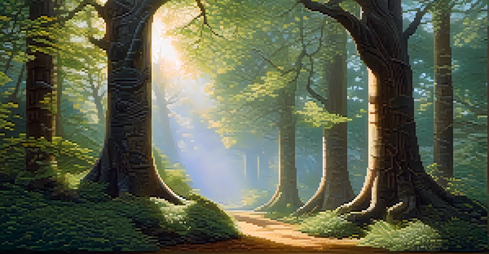 A peaceful forest with detailed carved trees, symbols and patterns visible, illuminated by soft sunlight and surrounded by mist.