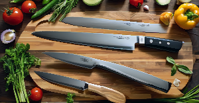 A kitchen countertop displaying essential knives on a wooden cutting board, surrounded by fresh vegetables and herbs.