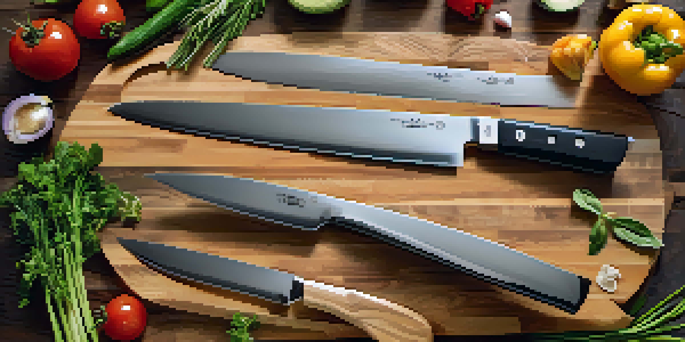 A kitchen countertop displaying essential knives on a wooden cutting board, surrounded by fresh vegetables and herbs.
