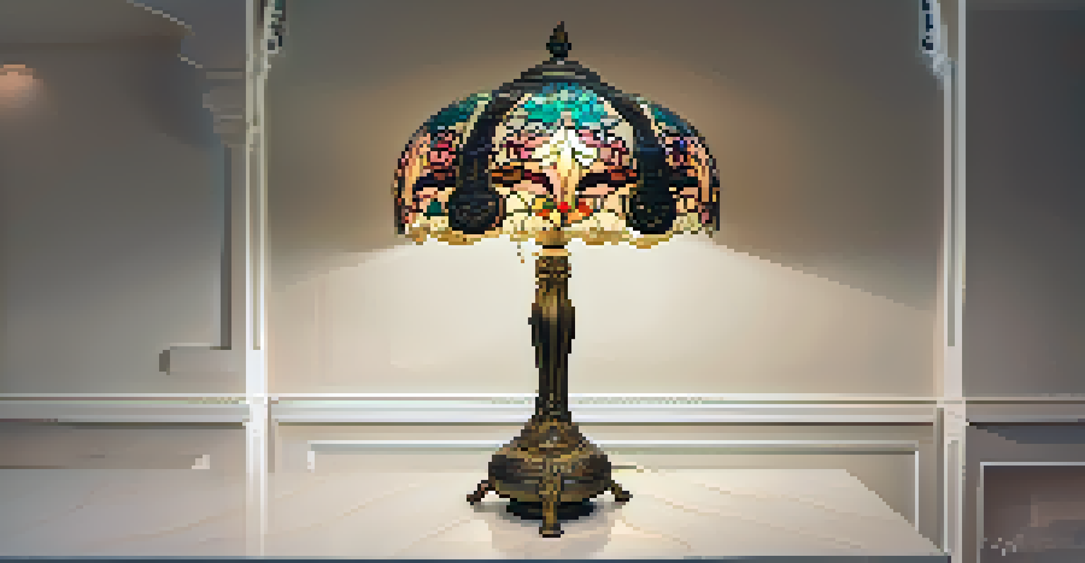 An ornate brass lamp with floral designs and a colorful stained glass shade, casting vibrant patterns in its surroundings.