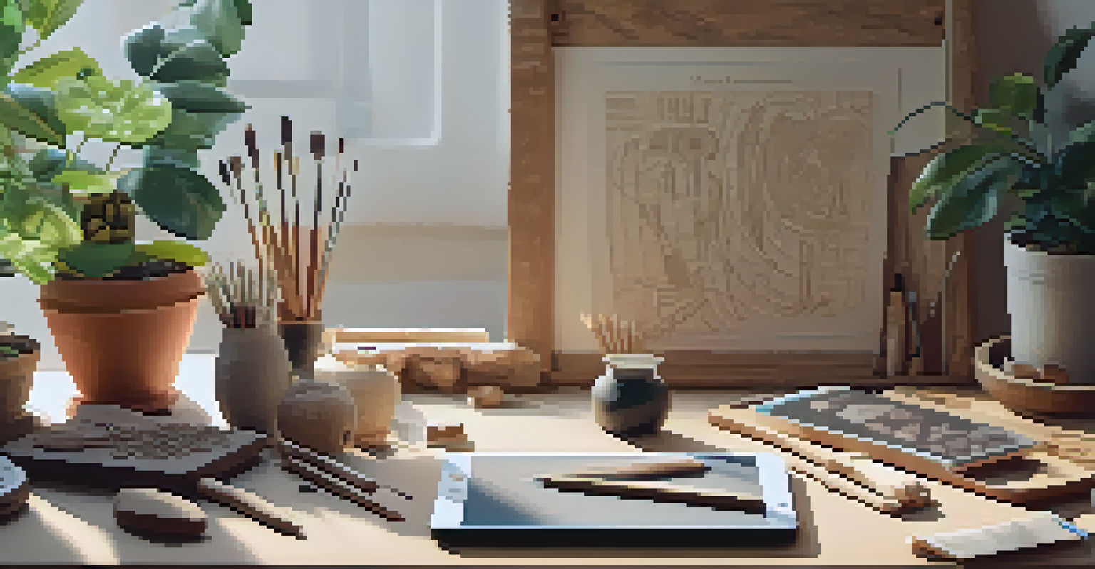 A well-organized workspace for a virtual carving workshop, featuring carving tools and a tablet tutorial.