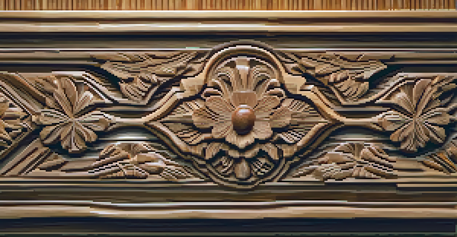 A close-up view of a detailed carved wooden piece, highlighting intricate patterns and textures with warm lighting.