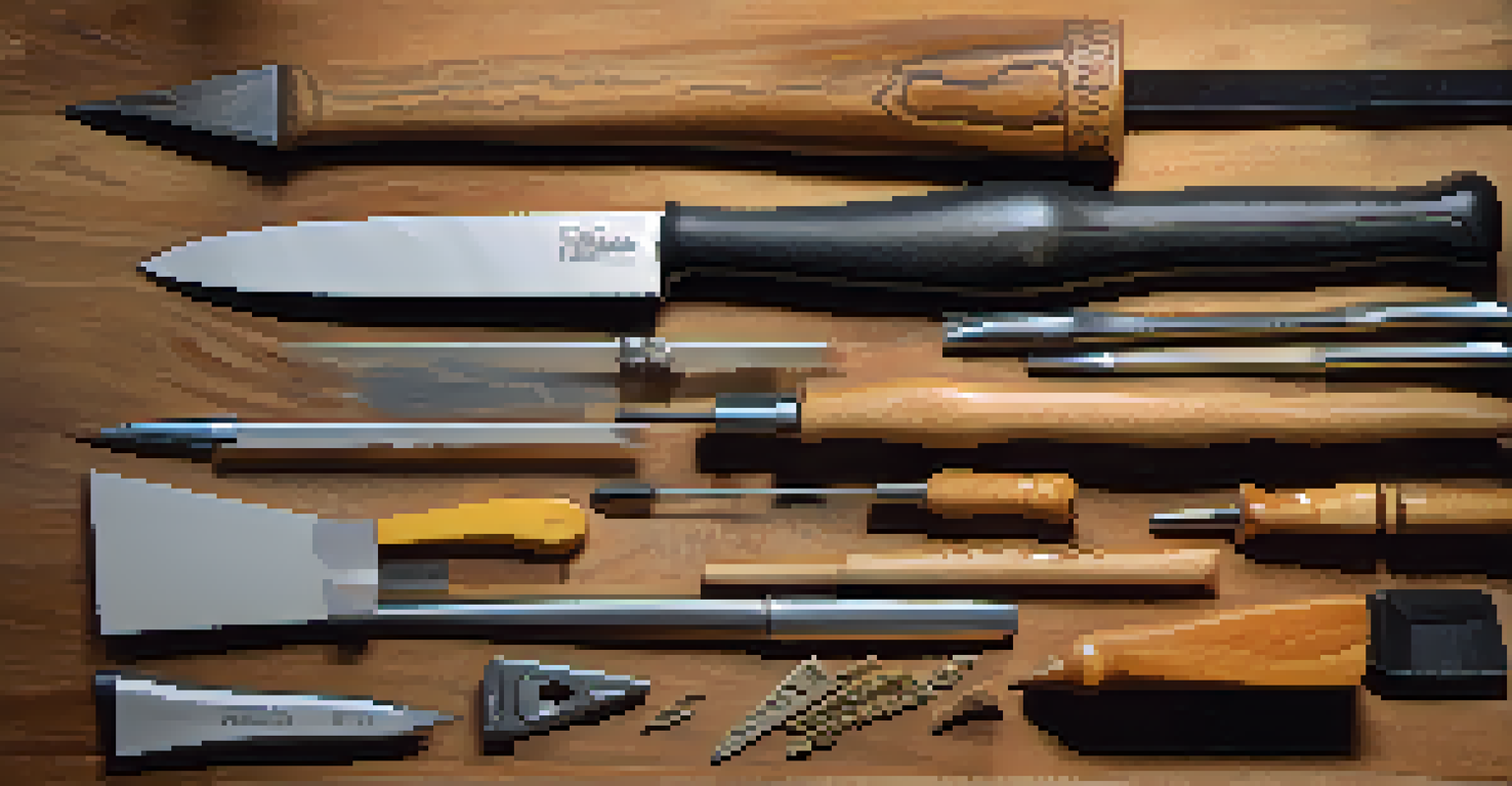 An overhead view of various carving tools arranged on a wooden surface, with a blurred carved wooden piece in the background.