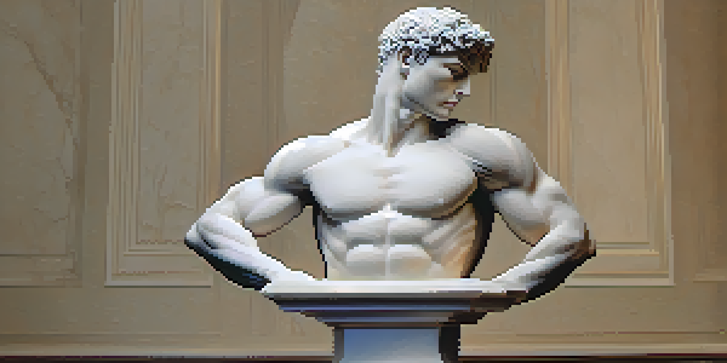 A realistic marble sculpture of a human figure on a wooden pedestal, illuminated by soft lighting, showcasing intricate details.
