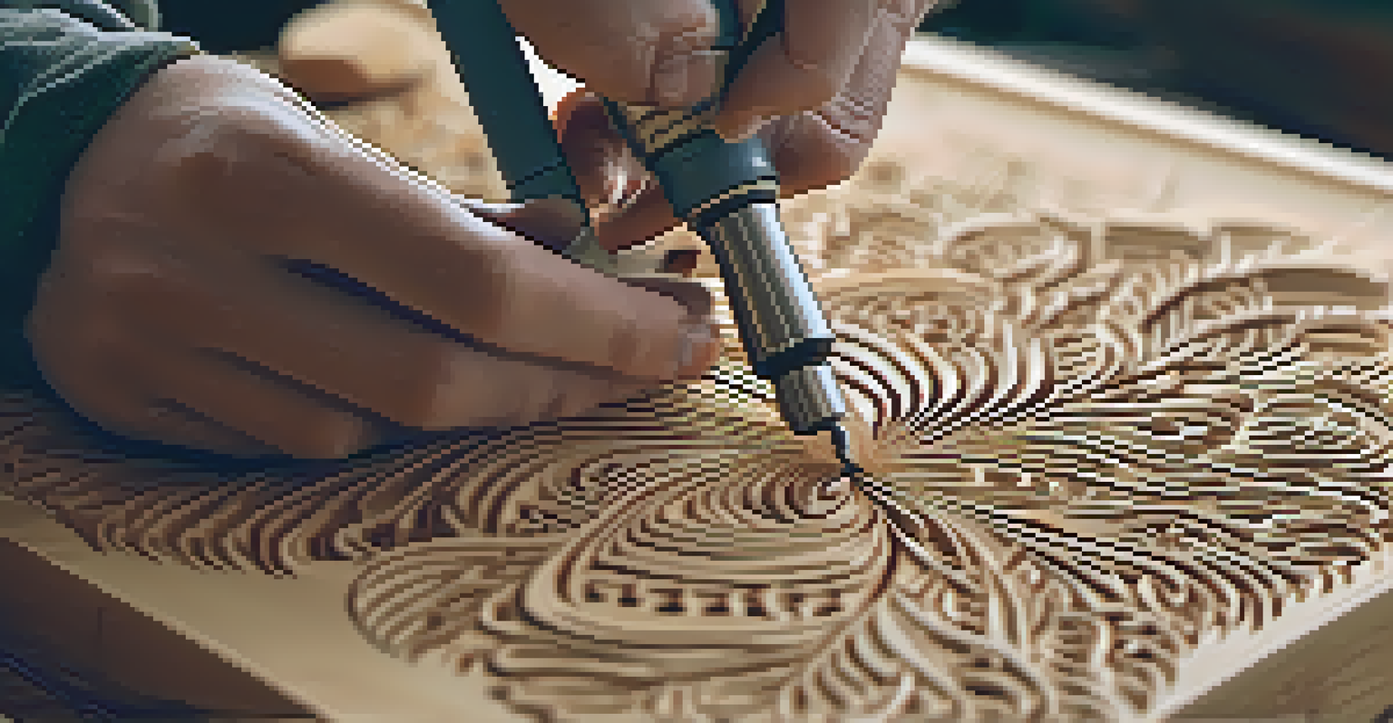 Close-up of hands using a rotary tool to carve patterns into wood, showcasing intricate details.