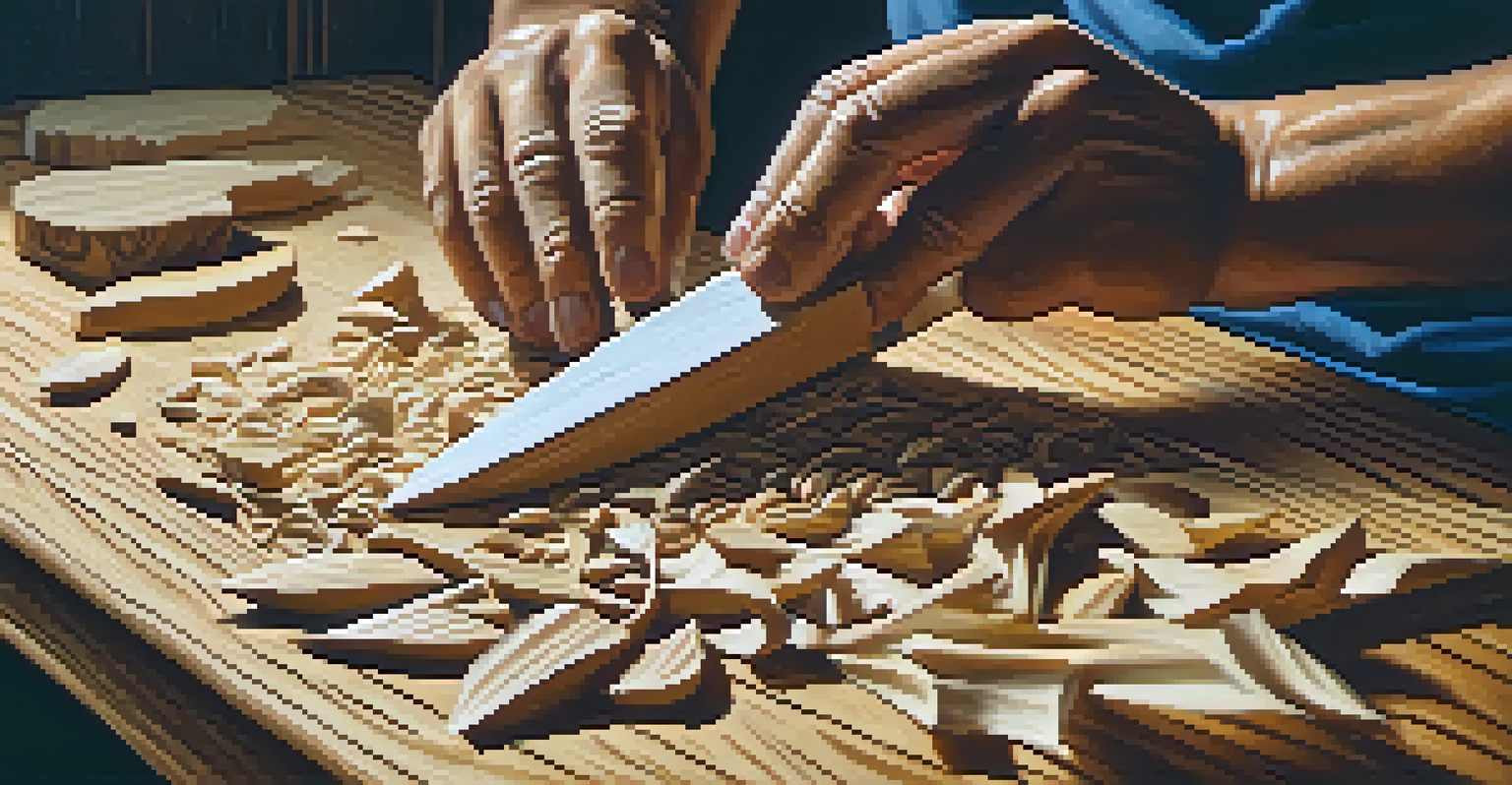 Close-up of hands carving wood, showing the motion of the tool and the texture of the wood grain with shavings around.