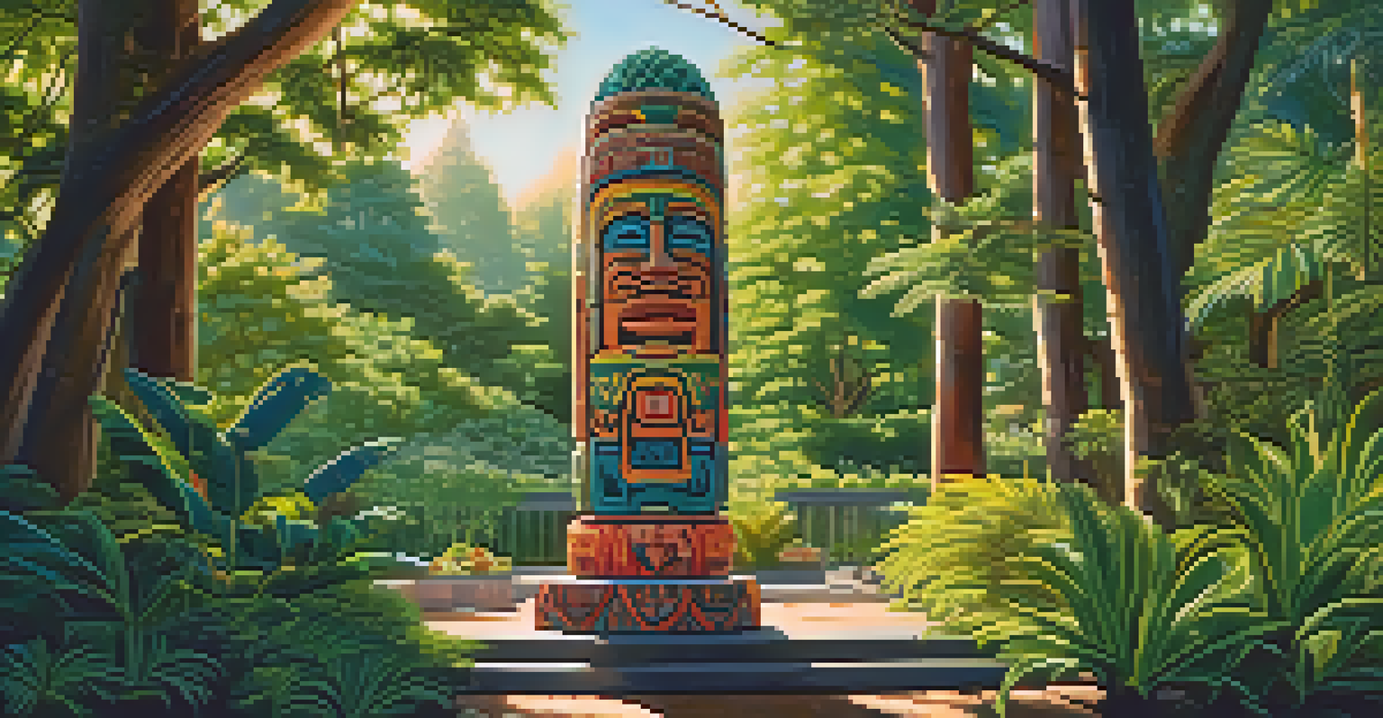 A colorful wooden totem in a lush outdoor setting, surrounded by greenery and illuminated by sunlight.