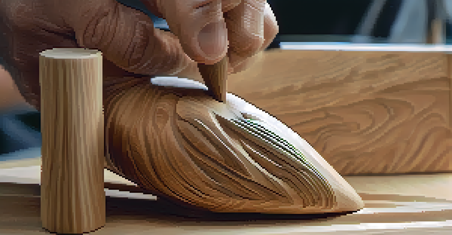A close-up of a hand applying non-toxic finish to a carved wooden sculpture, highlighting the wood's texture and craftsmanship.