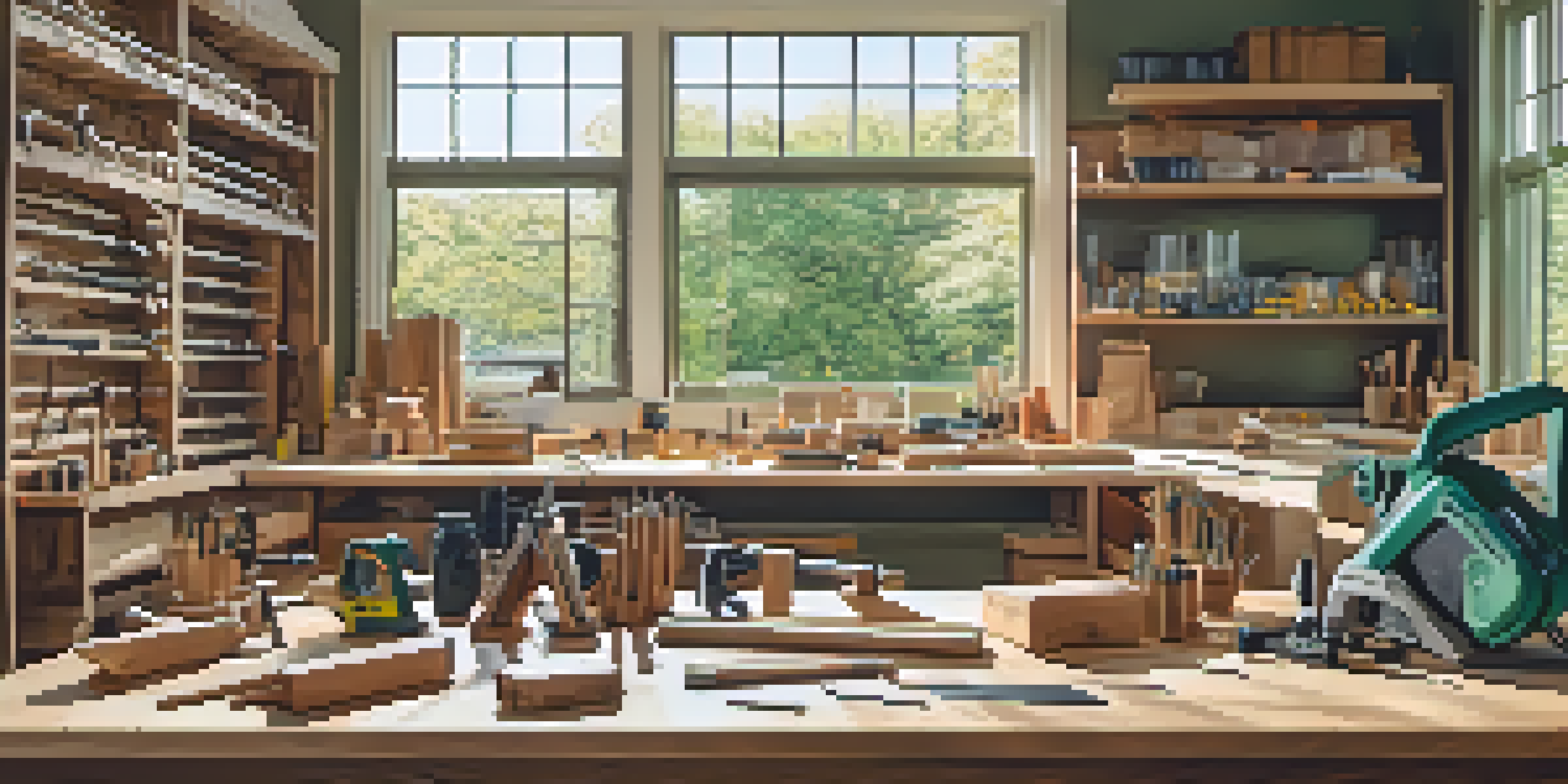 A bright woodworking workspace showing neatly arranged tools and safety gear on a wooden table.