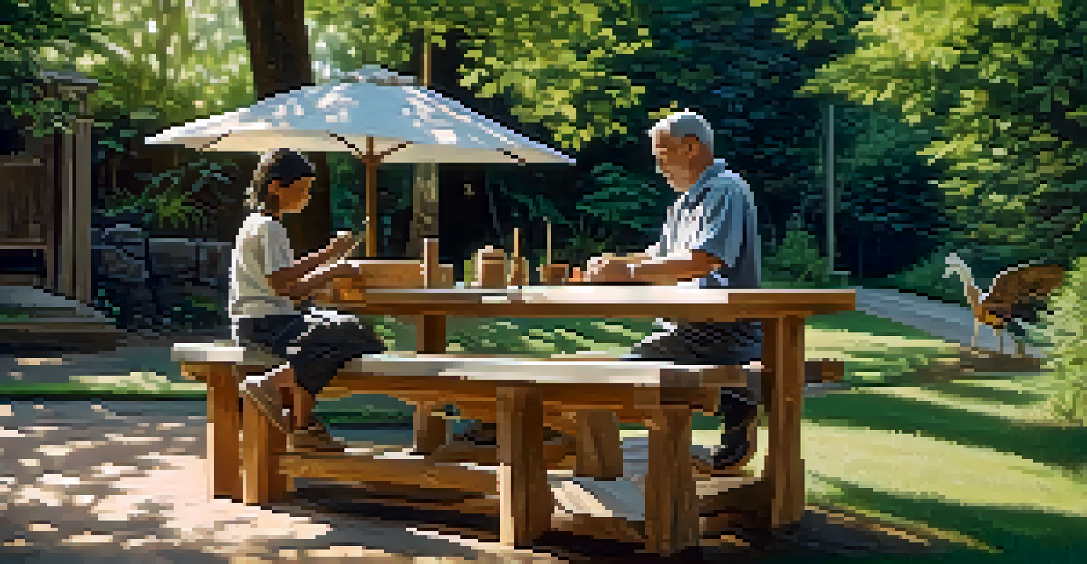 A beginner wood carver sitting outside, carving a small animal figure, surrounded by greenery and sunlight.