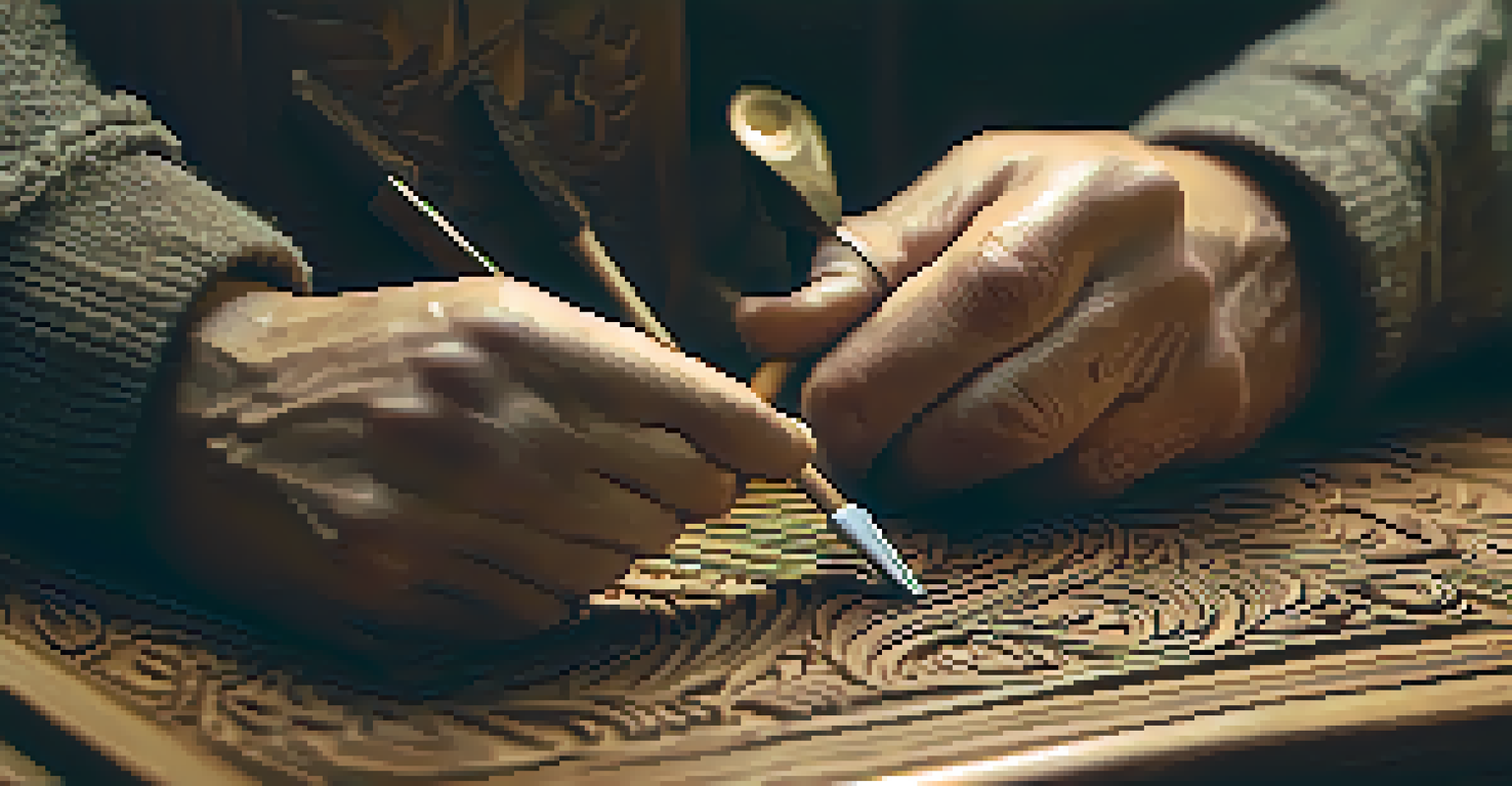 Close-up of hands engaged in carving intricate designs into wood, showcasing tools and detailed patterns.