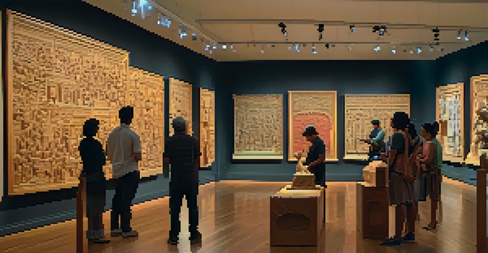 A lively art exhibition with visitors admiring detailed carving artworks, a local artist demonstrating carving techniques, and colorful banners displaying stories.
