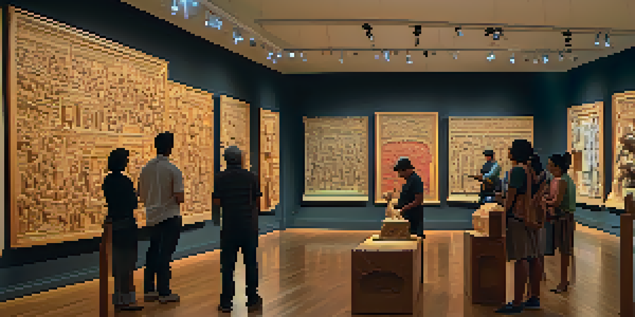 A lively art exhibition with visitors admiring detailed carving artworks, a local artist demonstrating carving techniques, and colorful banners displaying stories.