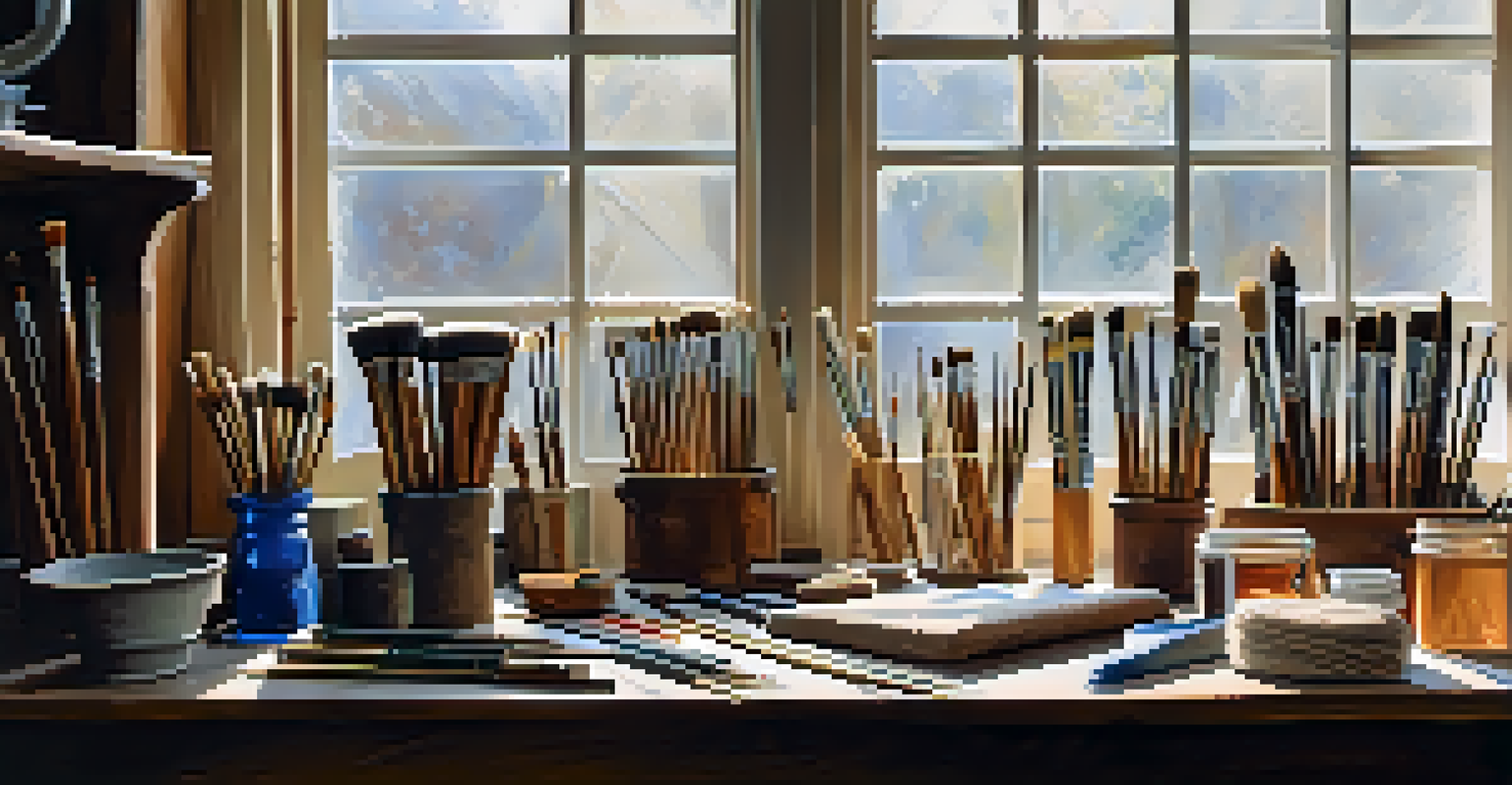 An artist's workspace with traditional restoration tools, wood samples, and pigments, illuminated by natural light from a large window.
