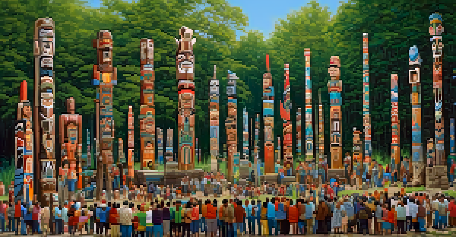 A community gathering in front of colorful restored totem poles, with people engaging and admiring the carvings.