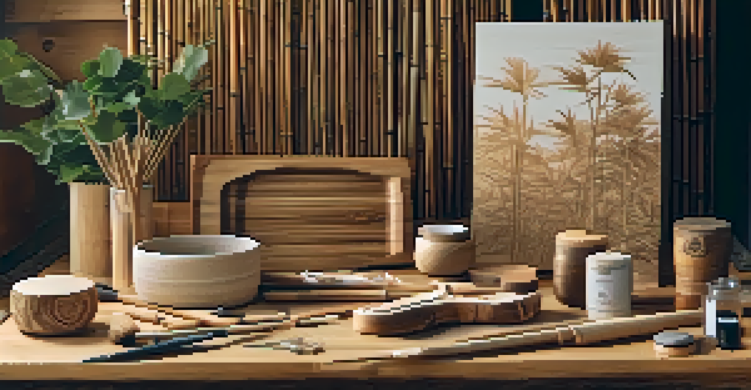 A collection of sustainable carving materials like bamboo and reclaimed wood, beautifully arranged on a wooden surface under warm lighting.