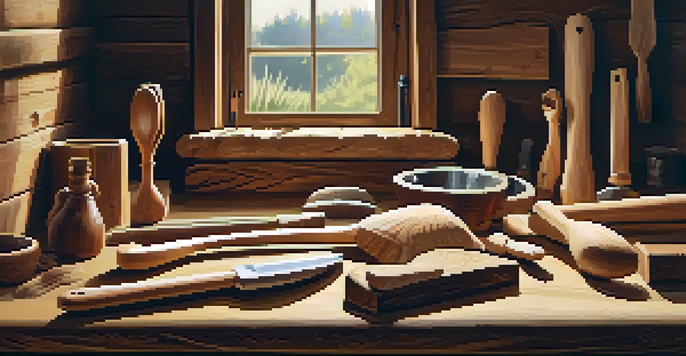 A wooden workbench in a workshop with carving tools and a partially carved wooden spoon, illuminated by natural light.