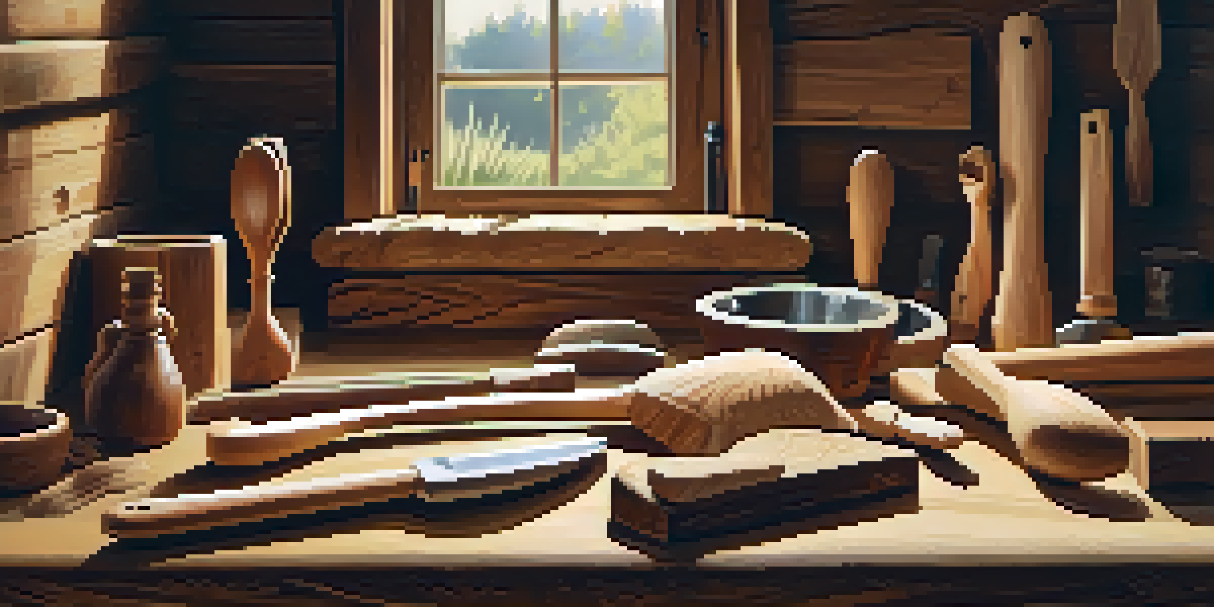 A wooden workbench in a workshop with carving tools and a partially carved wooden spoon, illuminated by natural light.