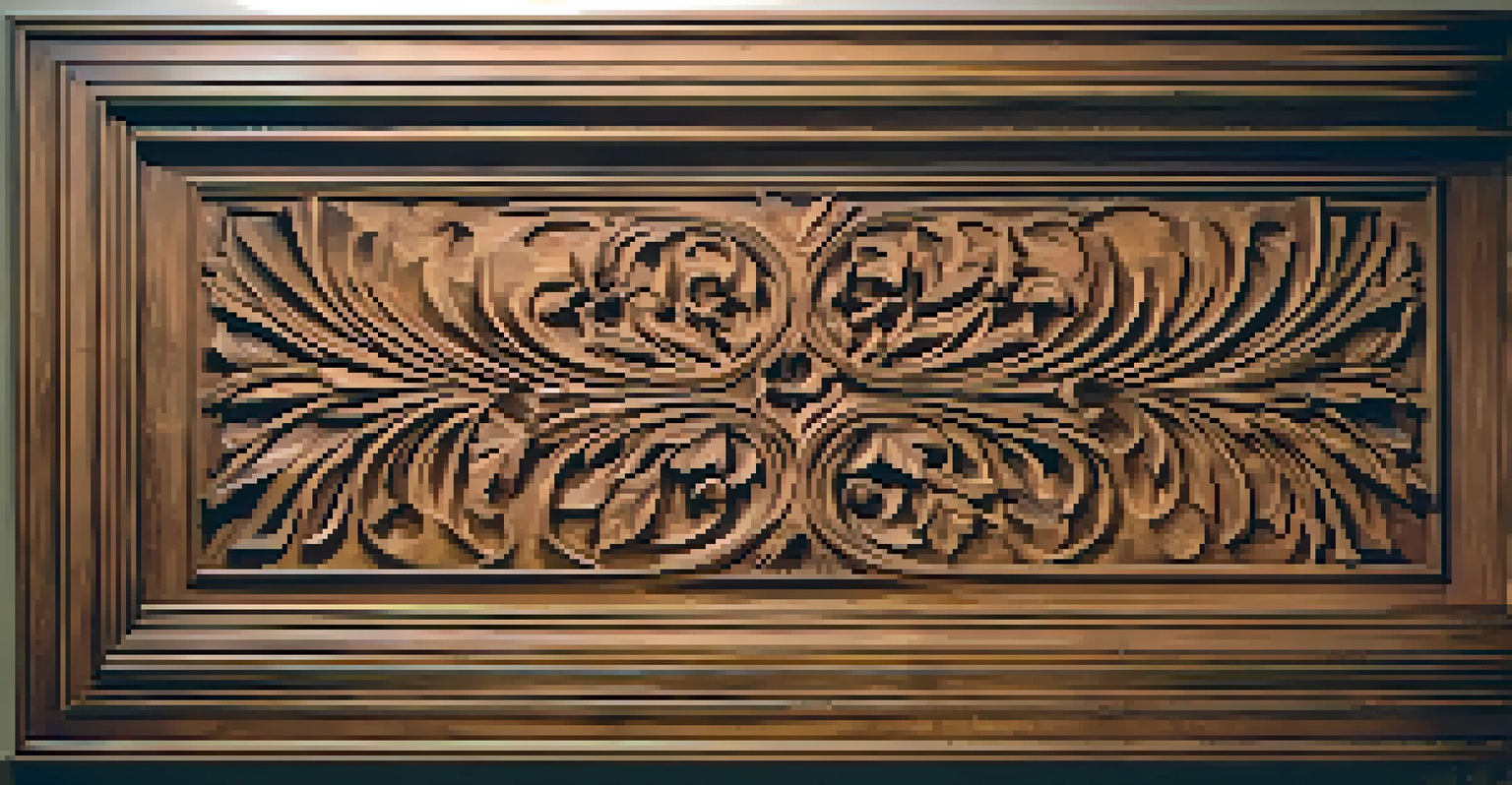 A wooden panel combining symmetrical and asymmetrical designs with swirling vines.