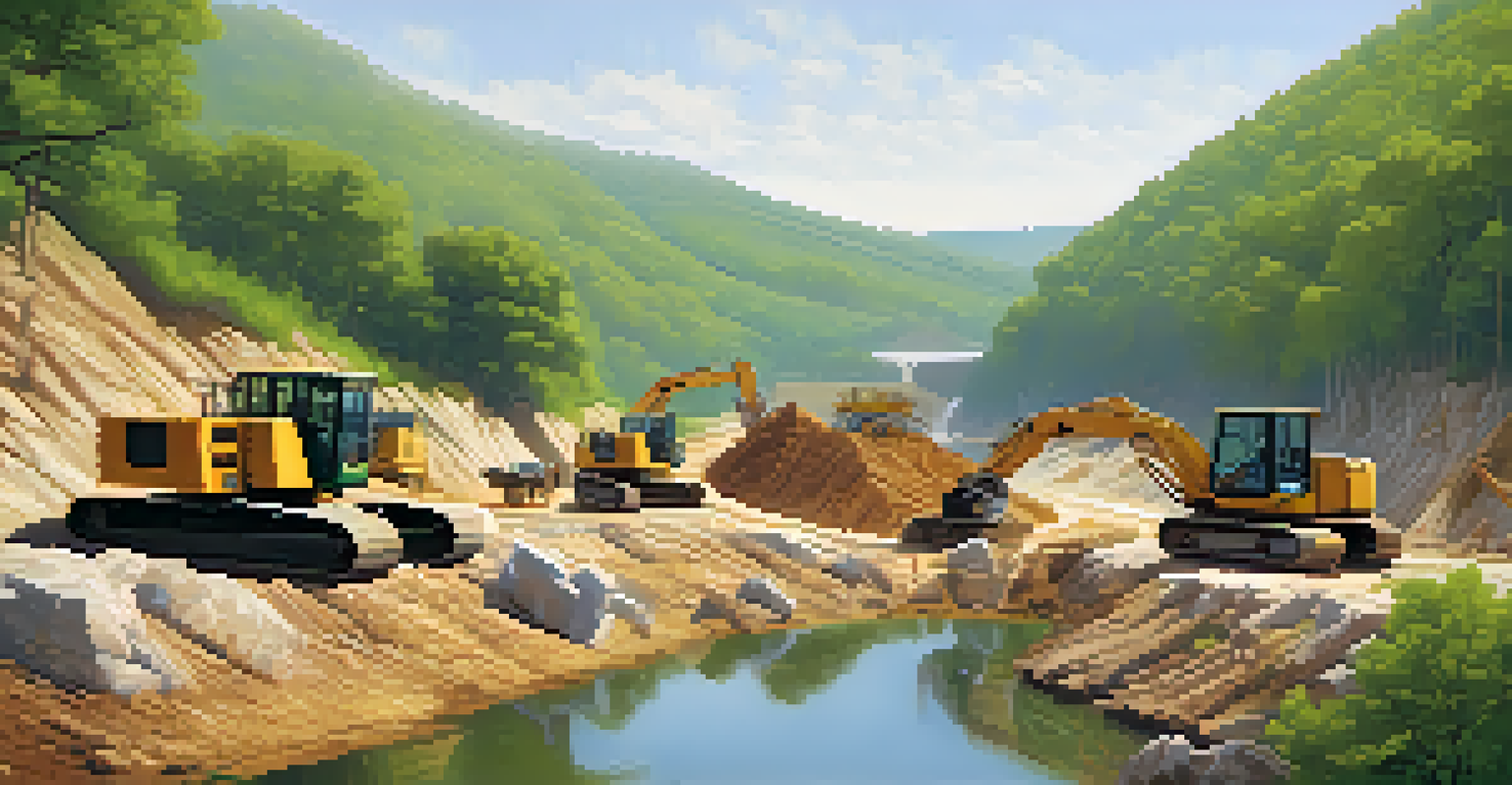 An eco-friendly stone quarry with workers and advanced machinery, set in a lush green landscape.