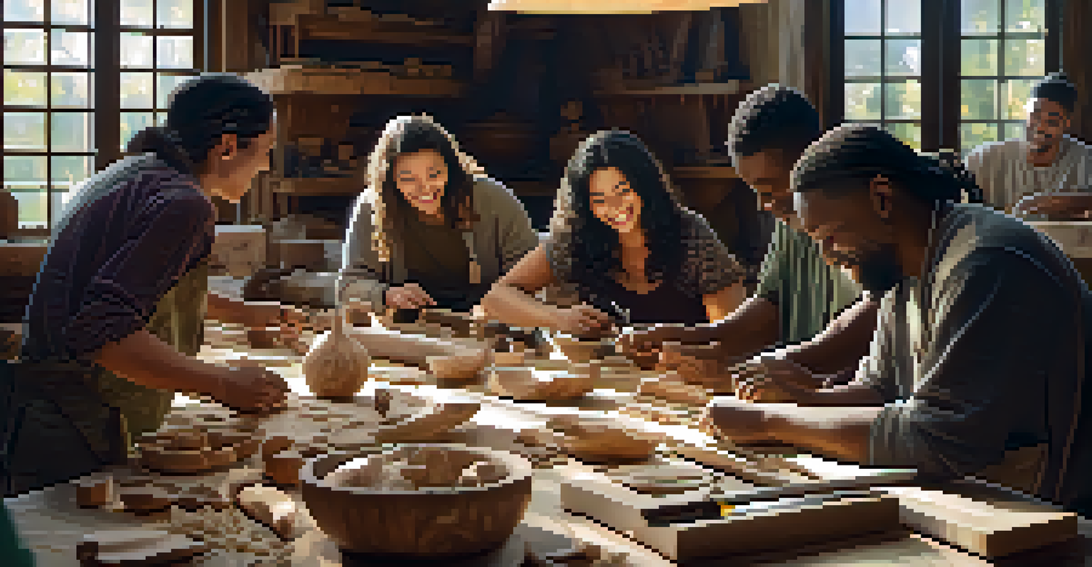 A diverse group of people happily participating in a communal carving session, sharing ideas and materials around a table.