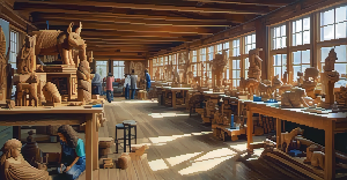 A bright workshop with artisans carving wooden sculptures, surrounded by colorful carvings and tools, with sunlight streaming through windows.