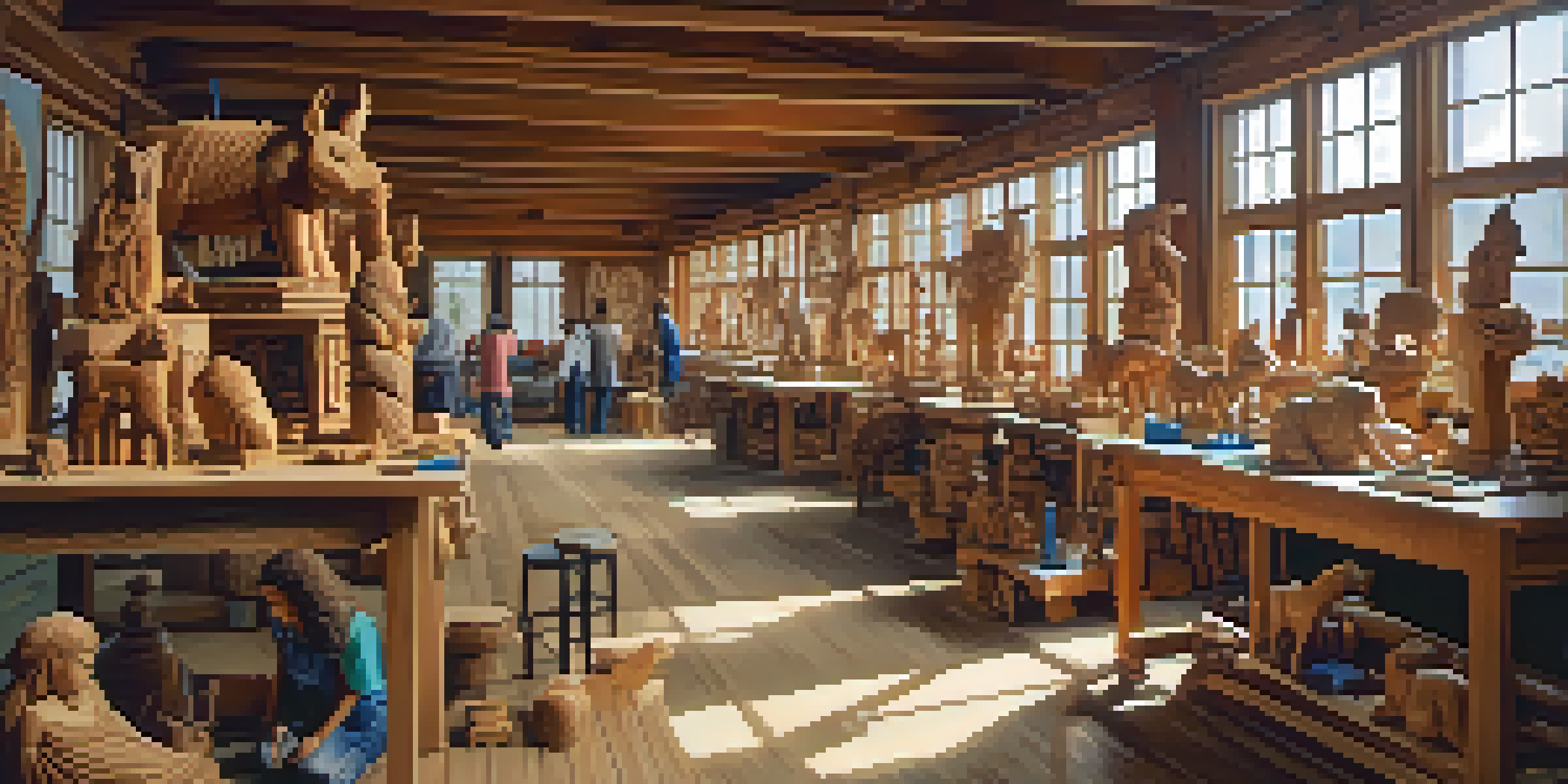 A bright workshop with artisans carving wooden sculptures, surrounded by colorful carvings and tools, with sunlight streaming through windows.