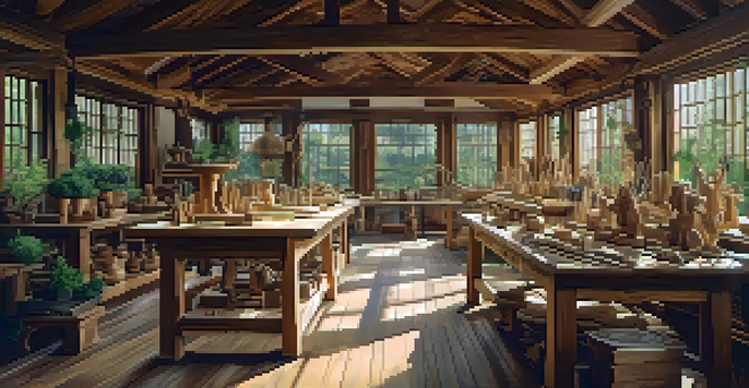 A cozy wood carving workshop with intricately carved wooden sculptures, chisels, and natural light coming through large windows.