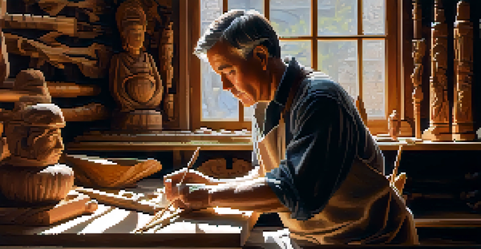 An artisan carving a wooden sculpture with traditional tools, showcasing intricate details and warm natural lighting.