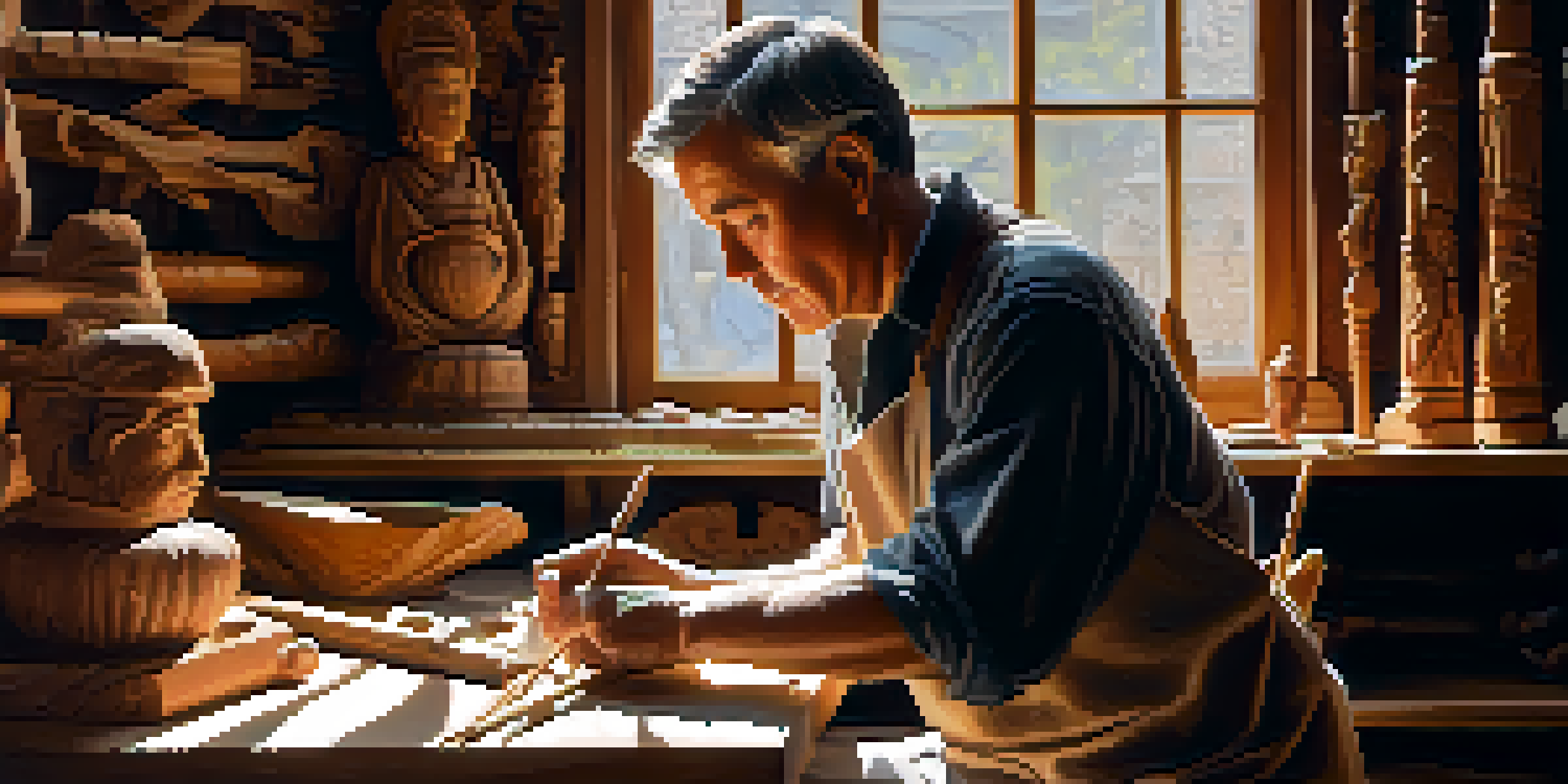 An artisan carving a wooden sculpture with traditional tools, showcasing intricate details and warm natural lighting.