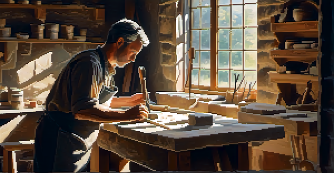 A stone carving workshop with an artisan chiseling soapstone, illuminated by warm light, surrounded by tools and stone shavings.