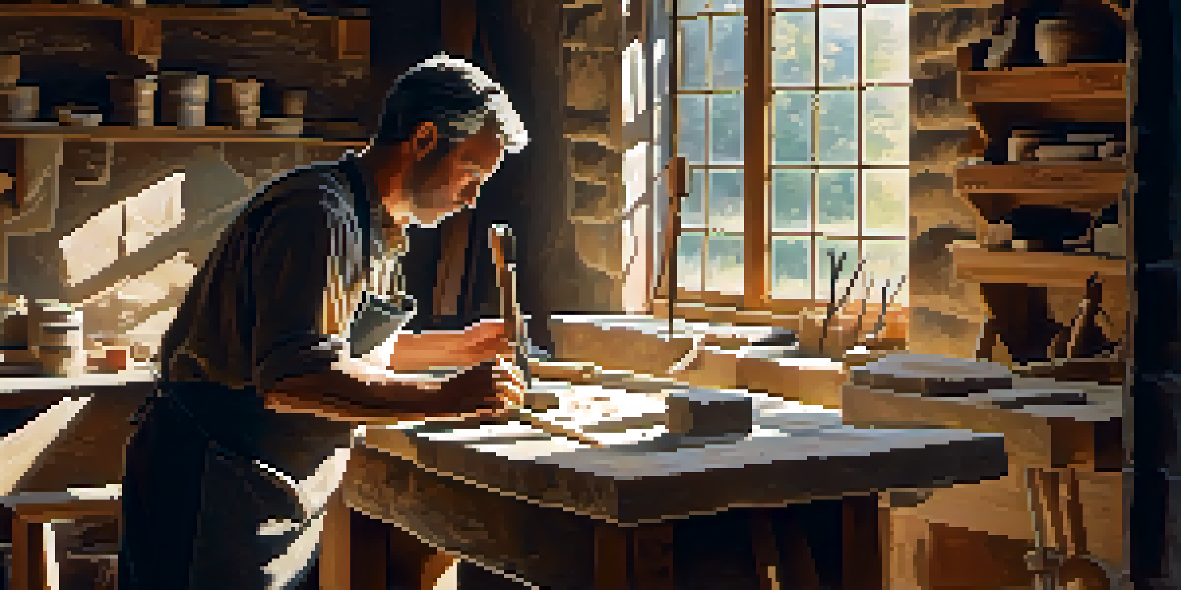 A stone carving workshop with an artisan chiseling soapstone, illuminated by warm light, surrounded by tools and stone shavings.