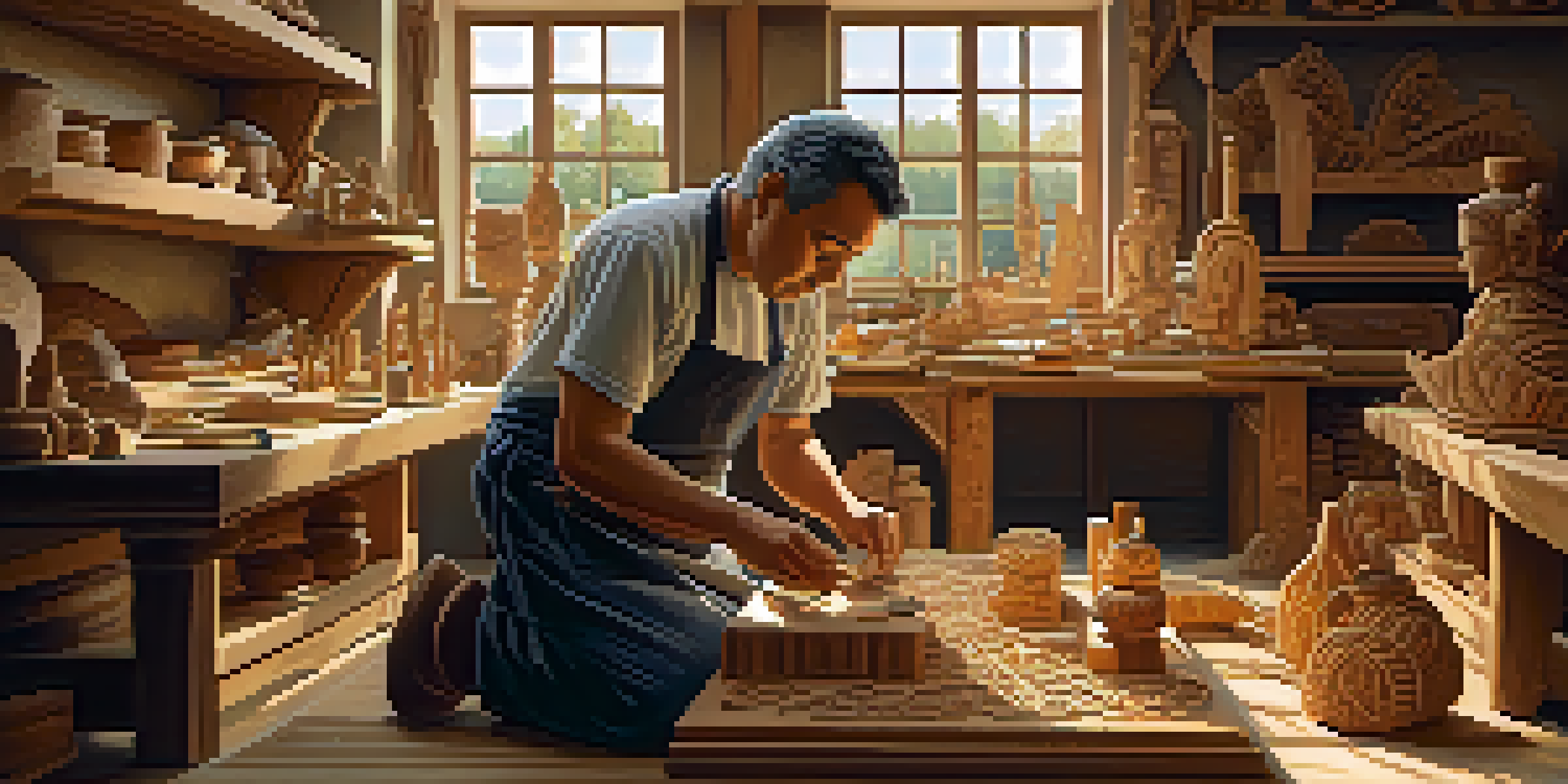 An artisan carving a wooden sculpture in a sunlit workshop, surrounded by tools and completed carvings.