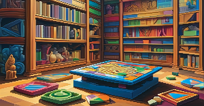 A colorful puzzle game board with geometric shapes and intricate carvings, players engaged in the game in a cozy room filled with books.