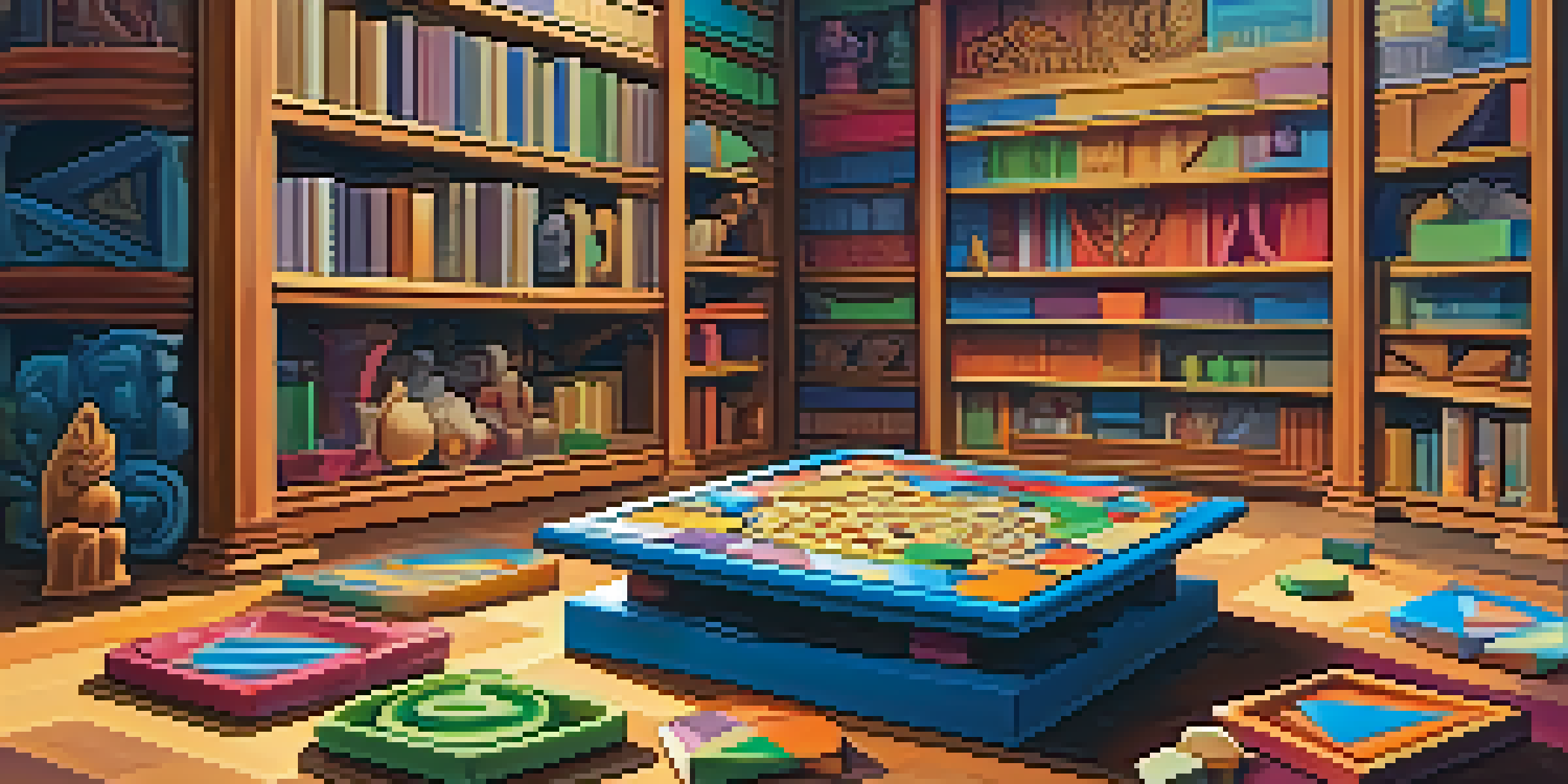 A colorful puzzle game board with geometric shapes and intricate carvings, players engaged in the game in a cozy room filled with books.